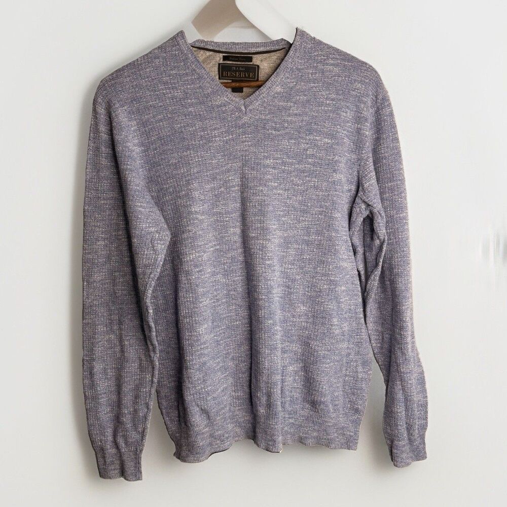Jos A Bank Reserve Sweater Mens L V-Neck Light Blue Cotton Linen Blend Pullover